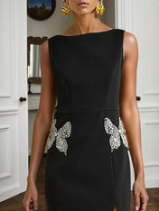 Black Butterfly Slit Classic Boat Neck Sleeveless Sheath Maxi Dress