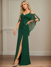 Sheath/Column Cold Shoulder V-Neck Floor-Length Chiffon Dress With Cascading Ruffles Sequins Beading