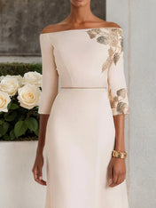 White Embroidery Classic Off The Shoulder Half Sleeve A-Line Maxi Dress