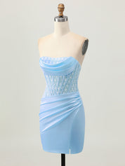 Blue Tight Strapless Satin Corset Homecoming Dress with Lace Up Back