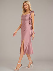 Vintage Mauve A-Line Spaghetti Straps Tea-Length Satin Bridesmaid Dress With 3D Floral