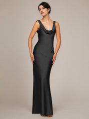 Black Satin Sheath/Column Cowl Neckline Sleeveless Floor-Length Bridesmaid Dress