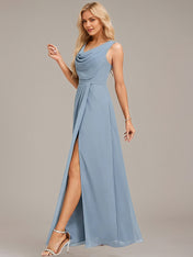 Dusty Blue A-Line V Neck Sleeveless Floor-Length Chiffon Bridesmaid Dress