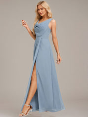 Dusty Blue A-Line V Neck Sleeveless Floor-Length Chiffon Bridesmaid Dress