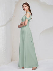 Sage Chiffon A Line V Neck Sleeveless Floor Length Pleated Bridesmaid Dress