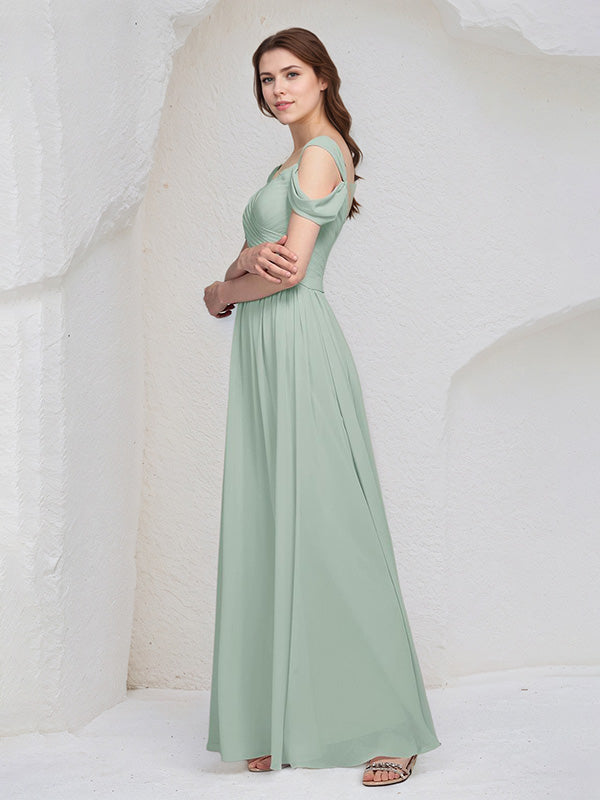 Sage Chiffon A Line V Neck Sleeveless Floor Length Pleated Bridesmaid Dress