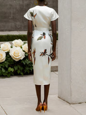White Printing Satin V Neck Cap Sleeve Sheath Midi Dress