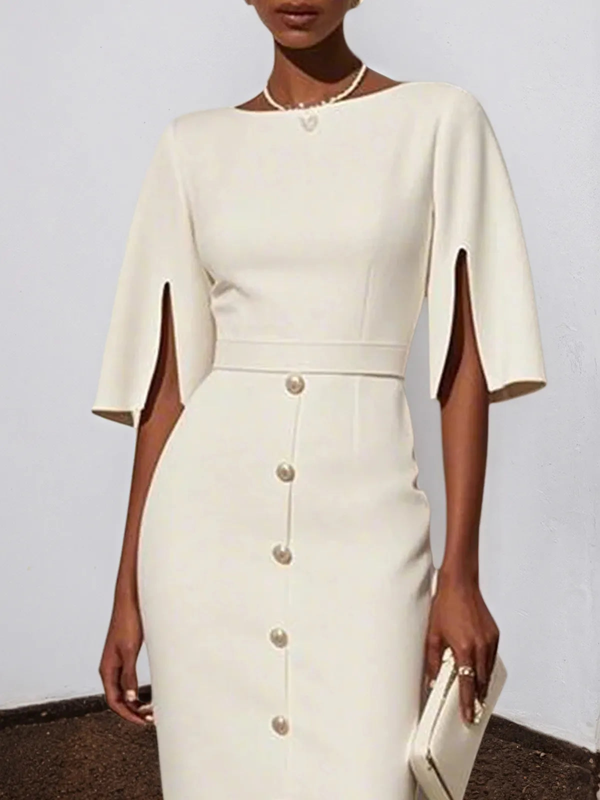 White Buckle Classic Crew Neck Short Sleeve Sheath Midi Dress