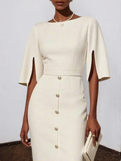 White Buckle Classic Crew Neck Short Sleeve Sheath Midi Dress