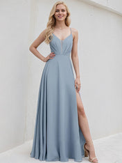 Dusty Blue Chiffon A Line Spaghetti Straps Floor Length Bridesmaid Dress