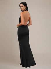 Black Chiffon Sheath/Column Halter Sleeveless Floor Length Bridesmaid Dress