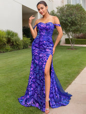 Royal Blue Sheath Off the Shoulder Long Sequined Prom Dress With Slit