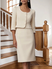 Women Beige Buckle U-Neck Half Sleeve Dressy Coat With Skirt Two-Piece Set