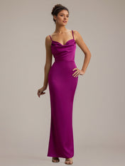 Dark Pink Satin Sheath/Column Spaghetti Straps Sleeveless Floor Length Dress