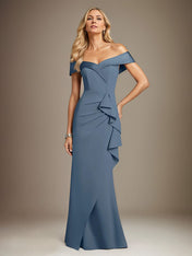 Steel Blue Trumpet/Mermaid Stretch Crepe Off The Shoulder Sleeveless Floor Length Dress