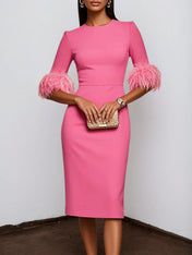 Rose Red Feather Classic Crew Neck Half Sleeve Sheath Midi Dress