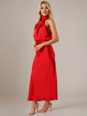 Red Satin Sheath/Column High Neck Sleeveless Ankle Length Bridesmaid Dress