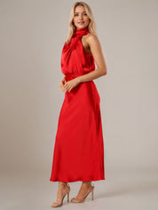 Red Satin Sheath/Column High Neck Sleeveless Ankle Length Bridesmaid Dress