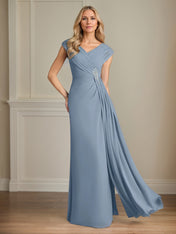 A Line Chiffon V Neck Cap Sleeves Floor Length Mother of the Bride Dresses