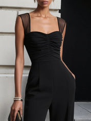 Women Black Ruched Sweetheart Neckline Sleeveless Dressy Jumpsuit