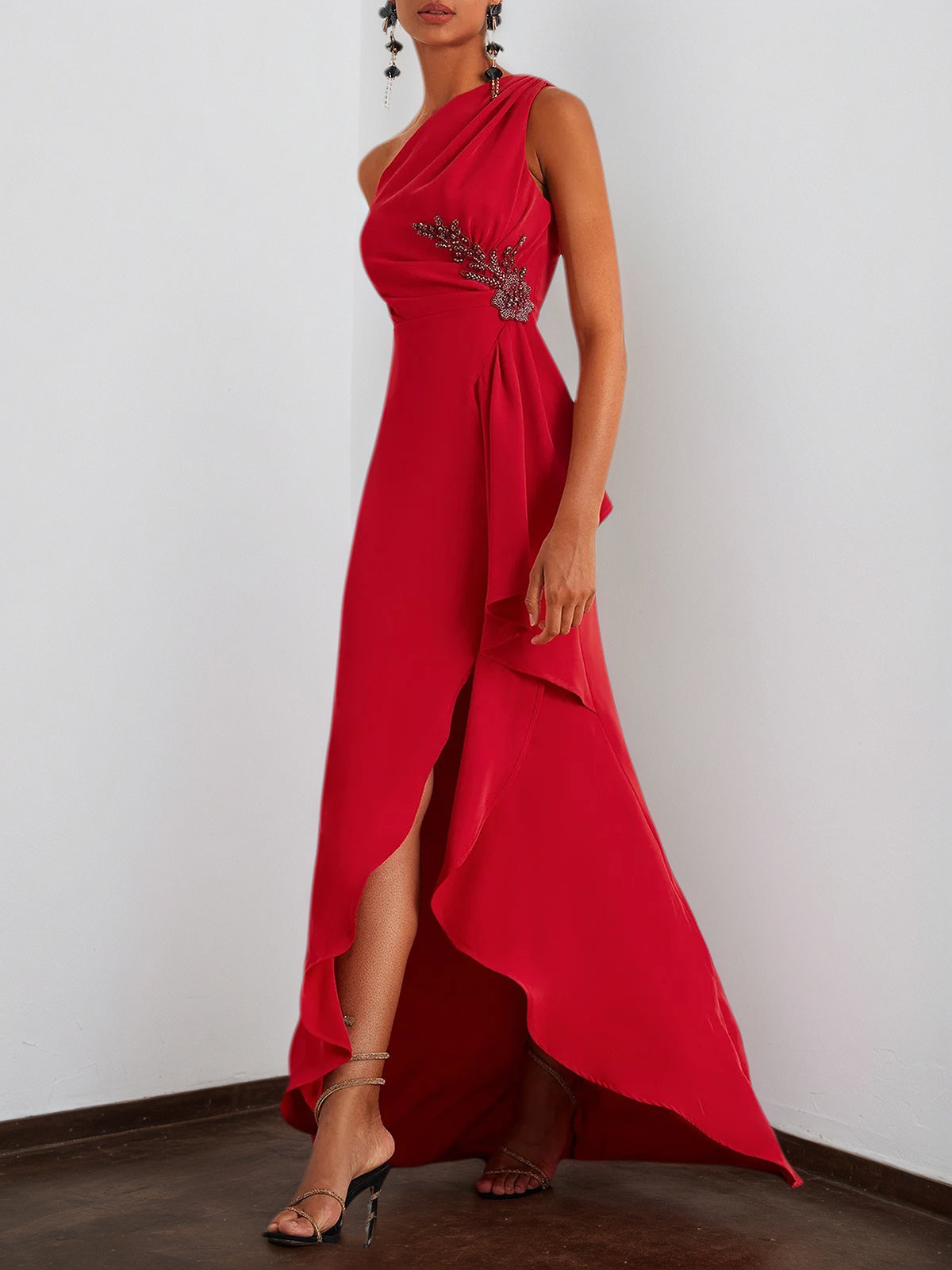 Red Beaded One Shoulder Sleeveless Slit Sheath Gown Dress