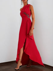Red Beaded One Shoulder Sleeveless Slit Sheath Gown Dress