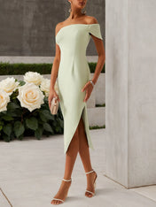 Green Off The Shoulder Slit Sheath Midi Dress