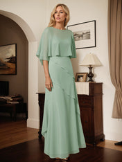 A Line Sage Chiffon Scoop Neck Cape Sleeves Floor Length Dress