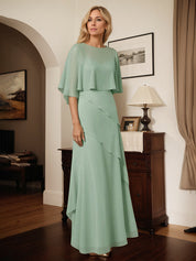 A Line Sage Chiffon Scoop Neck Cape Sleeves Floor Length Dress
