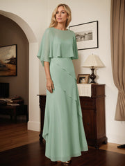 A Line Sage Chiffon Scoop Neck Cape Sleeves Floor Length Dress