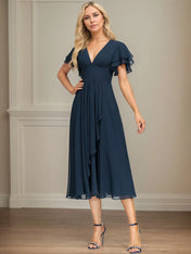 A Line V-Neck Tea Length Chiffon Dress With Cascading Ruffles