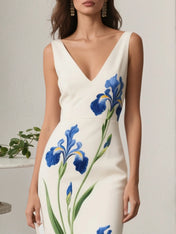White Floral Classic V Neck Sleeveless A-Line Gown Dress