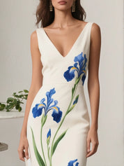 White Floral Classic V Neck Sleeveless A-Line Gown Dress