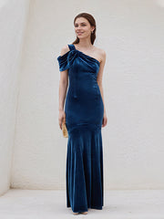 Royal Blue Trumpet/Mermaid Velvet One Shoulder Sleeveless Floor Length Dress
