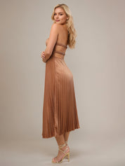 Light Brown Satin A Line Sweetheart Sleeveless Tea Length Bridesmaid Dress
