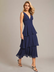 Navy A Line Chiffon V Neck Sleeveless Tea Length Dresses With Ruffles