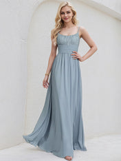 Dusty Blue Chiffon A Line Spaghetti Straps Sleeveless Floor Length Pleated Bridesmaid Dress