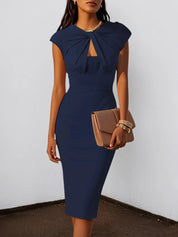 Purplish Blue Ruched Crew Neck Sleeveless Sheath Midi Dress