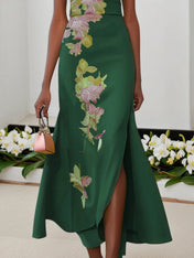 Green Floral Embroidered Cap Sleeve Slit Sheath Maxi Dress