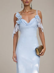 Blue Sheath/Column Satin V Neck Sleeveless Tea Length Dresses With 3D Flowers