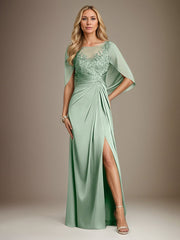 Mist Blue A Line Satin Boat Neck Cape Sleeves Floor Length Dress With High Slit