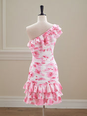 Floral Print One Shoulder Short Tight Ruffle Homecoming Dress