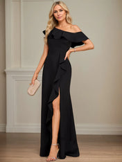 Sheath/Column One Shoulder Floor-Length Stretch Crepe Dress With Cascading Ruffles