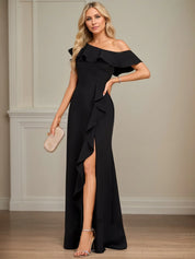 Sheath/Column One Shoulder Floor-Length Stretch Crepe Dress With Cascading Ruffles