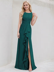 Peacock Chiffon A Line Scoop Neck Sleeveless Floor Length Bridesmaid Dress With Ruffle