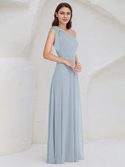 Ice Blue A Line Chiffon One Shoulder Sleeveless Floor Length Bridesmaid Dresses With Bow