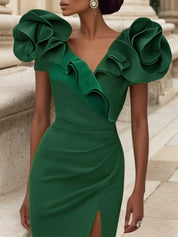 Green 3D Floral Ruched V Neck Sheath Midi Dress