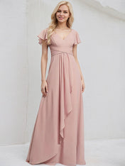 Dusty Rose Chiffon A Line V Neck Ruffle Sleeves Floor Length Bridesmaid Dress