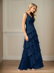 A Line Satin V Neck Sleeveless Floor Length Mother of the Bride Dress With Ruffles