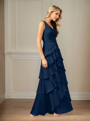 A Line Satin V Neck Sleeveless Floor Length Mother of the Bride Dress With Ruffles